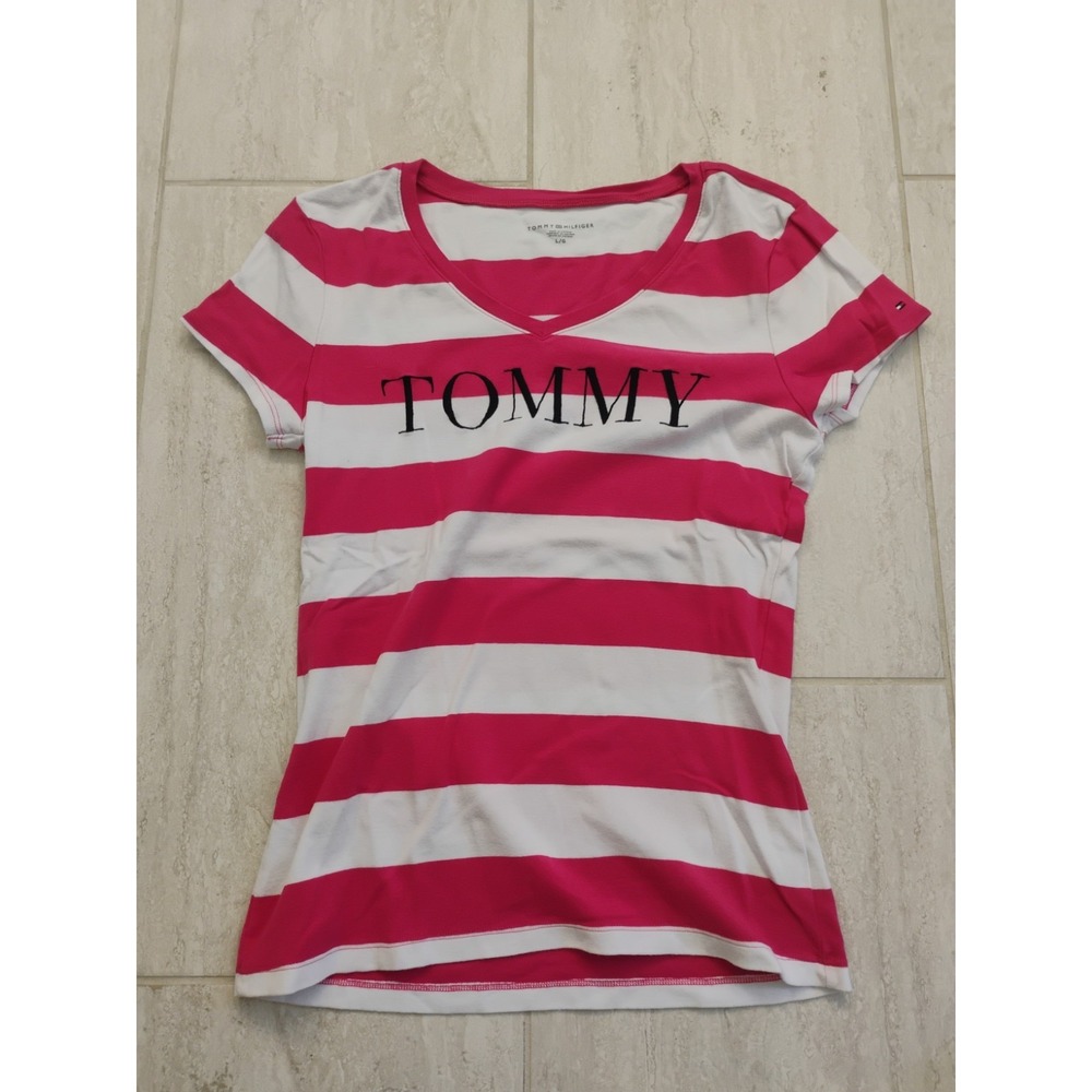 Tommy Hilfiger Striped V-Neck Tee Womens Large Pink White T-Shirt Logo Y2K